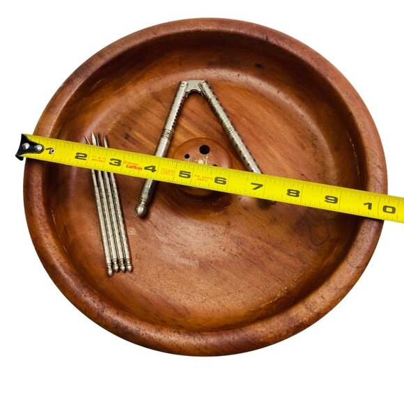 Vintage Handmade Wooden Nut Bowl w/ Nut Cracker & 4 Picks 10" MCM Decor *Read - Picture 3 of 5